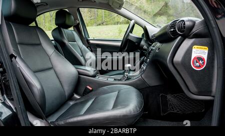 Mercedes Benz W203-year 2004, Avantgarde equipment;luxury leather interior, heated seats buttons, headrest controls, cruise control, dashboard-C Class Stock Photo