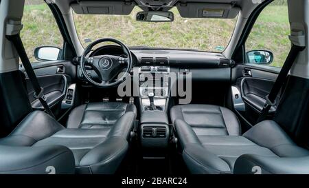 Mercedes Benz W203-year 2004, Avantgarde equipment;luxury leather interior, heated seats buttons, headrest controls, cruise control, dashboard-C Class Stock Photo