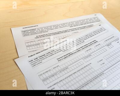 BERLIN, GERMANY - CIRCA MARCH 2020: Fluggast Aussteigekarte (translation:  Passenger Locator Form) Stock Photo