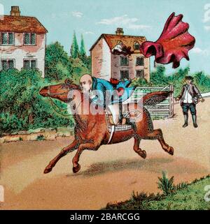 The Diverting History of John Gilpin, an illustration of a historical man on horse back riding to the Bell Inn in Edmonton but being diverted to a place called 'Ware' by accident.  John Gilpin was known a 'Draper' a story by William Cowper in 1782. Stock Photo