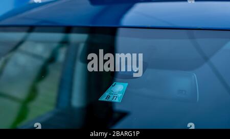 Cluj-Napoca,Cluj/Romania-07.01.2020: VW Tiguan facelift windshield with rain and light sensors. Road tax sticked in middle Stock Photo