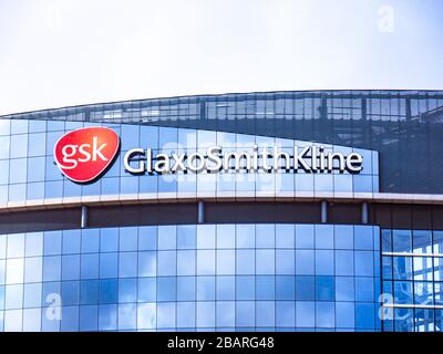 The GlaxoSmithKline headquarters building in Brentford, west London. A British global pharmaceuticals company. Stock Photo