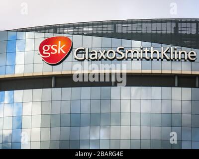The GlaxoSmithKline headquarters building in Brentford, west London. A British global pharmaceuticals company. Stock Photo
