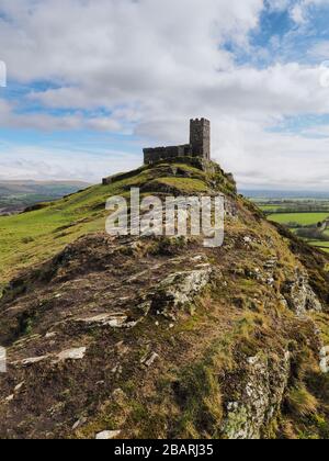 13th century church of St Michael de Rupe on top of Brent Tor, an old weathered volcano, Dartmoor National Park, Devon Stock Photo