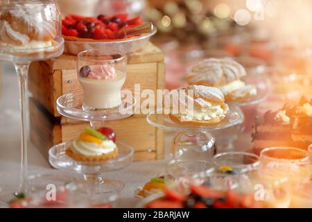 Sweet cookies and desserts, closeup of various kinds of cakes on event or wedding reception and empty space for text Stock Photo