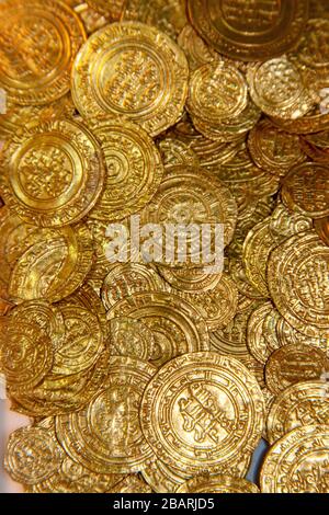 Treasure of gold coins from Caesarea. Photographed at the Israel Antiquities Authority Stock Photo