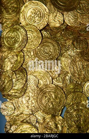 Treasure of gold coins from Caesarea. Photographed at the Israel Antiquities Authority Stock Photo