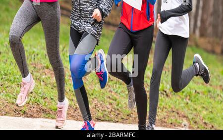 Group of young pretty fit women jogging in park together. Stock Photo