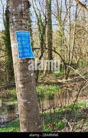 Munich, Germany - March 28, 2020: a note in German in the green areas of the city to inform the citizens of the safety measures to be taken due to cov Stock Photo
