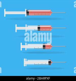 Vector medical syringe icon set. Syringes are filled with vaccine solution. Illustration of four medical syringes with needles in Stock Vector