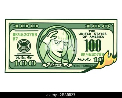 Cartoon hand drawn 100 dollar bill on fire with Franklin holding head in hands. Financial crisis, money loss, economy crash. Isolated vector clip art Stock Vector