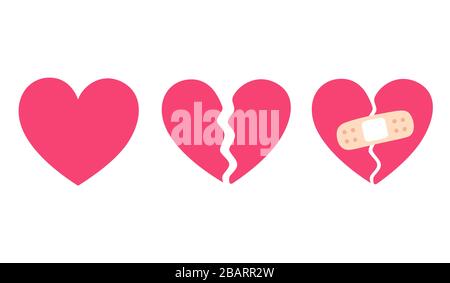 Cartoon heart set, broken heart and crack fixed with bandage. Breakup and heartbreak symbol. Simple flat vector style clip art illustration. Stock Vector