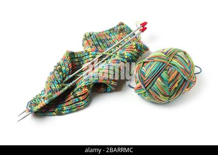 Knitting from colored wool thread isolated on white Stock Photo
