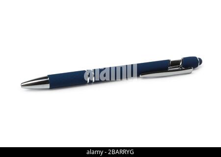 Blue plastic ball pen with button isolated on white Stock Photo