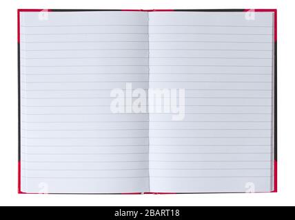 Blank open hardcover notebook with lines for writing. Close up image with book isolated on white background. Stock Photo