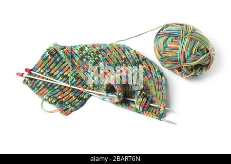 Knitting from colored wool thread isolated on white Stock Photo