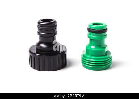 Plastic adapters for irrigation hose isolated on white background Stock Photo