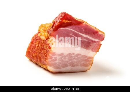 A piece of raw smoked meat with lard isolated on a white background Stock Photo