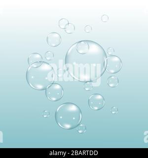 Flying rainbow transparent soap bubbles on blue background.Reaistic colored balls.Vector texture. Stock Vector