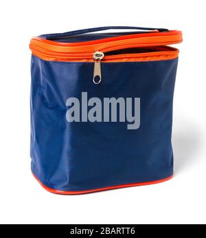 Blue nylon travel cosmetic bag isolated on white Stock Photo