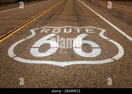 U.S. Route 66 horizontal road sign, Mojave Desert, California, USA Stock Photo
