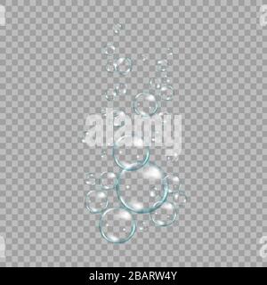 Flying rainbow transparent soap bubbles on blue background.Reaistic colored balls.Vector texture. Stock Vector