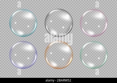 Flying rainbow transparent soap bubbles on blue background.Reaistic colored balls.Vector texture. Stock Vector