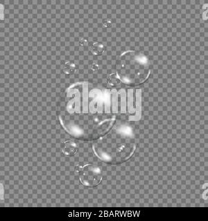 Flying rainbow transparent soap bubbles on blue background.Reaistic colored balls.Vector texture. Stock Vector