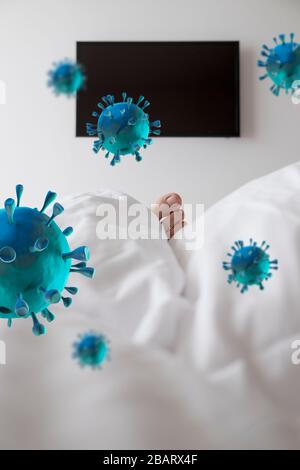 Corona virus concept of self isolation or carantine: Toe of sick person lying down in bed and recovering at home with corona virus renderings Stock Photo