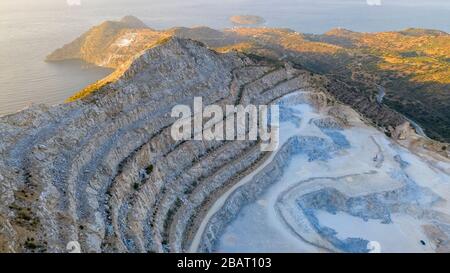 Aerial view of a gypsum quarry mine on the coast of Crete, Greece