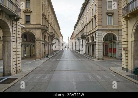 Coronavirus impact, empty downtown street Turin, Italy - March 2020 Stock Photo