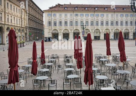 Coronavirus impact, empty downtown street Turin, Italy - March 2020
