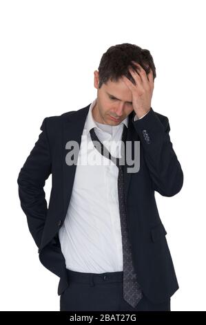 Sick and isolated business man with headache isolated on white background. Stock Photo
