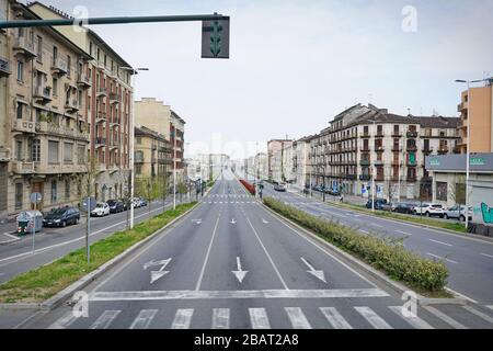 Coronavirus impact, empty downtown street Turin, Italy - March 2020