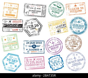 Collection of Passport Stamps Isolated on White. Vector Illustration. Set from Different Countries and Cities. Delhi. London. New York. Moscow. Paris. Stock Vector