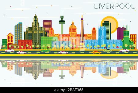 Liverpool UK City Skyline with Color Buildings, Blue Sky and Reflections. Vector Illustration. Stock Vector