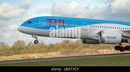 TUI Boeing 787-9 Dreamliner departing from  Manchester Airport (G-TUIM) 'Edie' Stock Photo