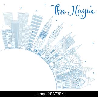 Outline The Hague Netherlands City Skyline with Blue Buildings and Copy Space. Vector Illustration. Stock Vector