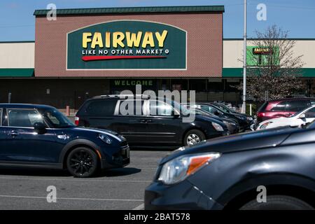 A logo sign outside of a Fairway Market retail grocery store location in Woodland Park, New Jersey, on March 23, 2020. Stock Photo