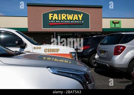 A logo sign outside of a Fairway Market retail grocery store location in Woodland Park, New Jersey, on March 23, 2020. Stock Photo