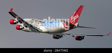 Virgin Atlantic Boeing 747, 'The Falcon' G-VLIP, departing from  Manchester Airport Stock Photo