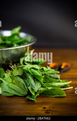 fresh cut organic sorrel leaves on a wooden table Stock Photo