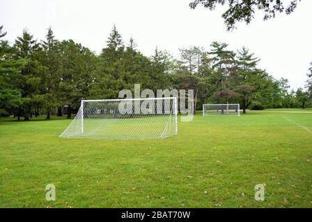 empty soccer field football pitch in a park Stock Photo