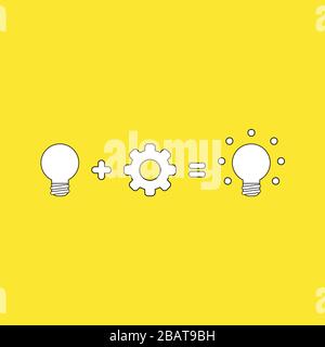 Vector illustration concept of light bulb idea plus gear equals glowing light bulb idea. White colored, black outlines and yellow background. Stock Vector