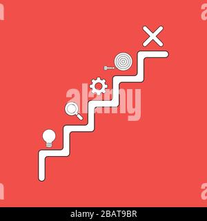 Vector illustration concept of stairs with light bulb bad idea, magnifying glass, gear, bulls eye, miss the target and red x mark. White colored, blac Stock Vector