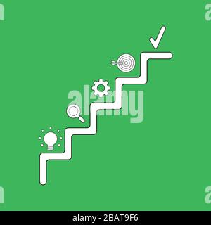 Vector illustration concept of stairs with glowing yellow light bulb idea, magnifying glass, gear, bulls eye with dart in the center and check mark on Stock Vector