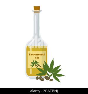 Hempseed oil in bottle with marijuana seeds. Stock Vector