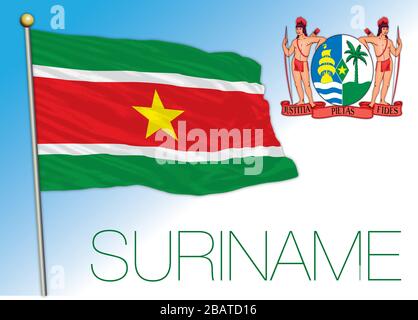 Suriname official national flag and coat of arms, south america, vector illustration Stock Vector
