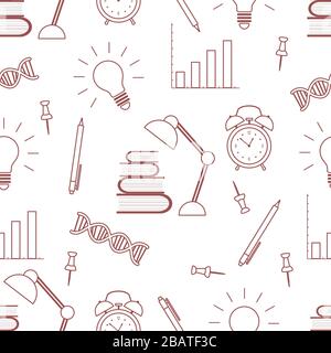 Vector education seamless pattern Illustration with books, lamp, dna chain, pen, alarm clock, light bulb, schedule. Studying, teaching, learning conce Stock Vector