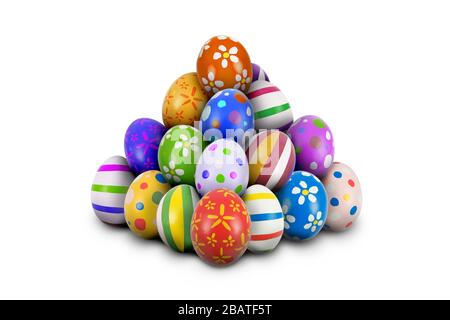 Pile stack Easter Eggs Hunt Colorful, ornate and decorated Easter Eggs piled or stacked in pyramid shape isolated white background, cut out or cutout Stock Photo